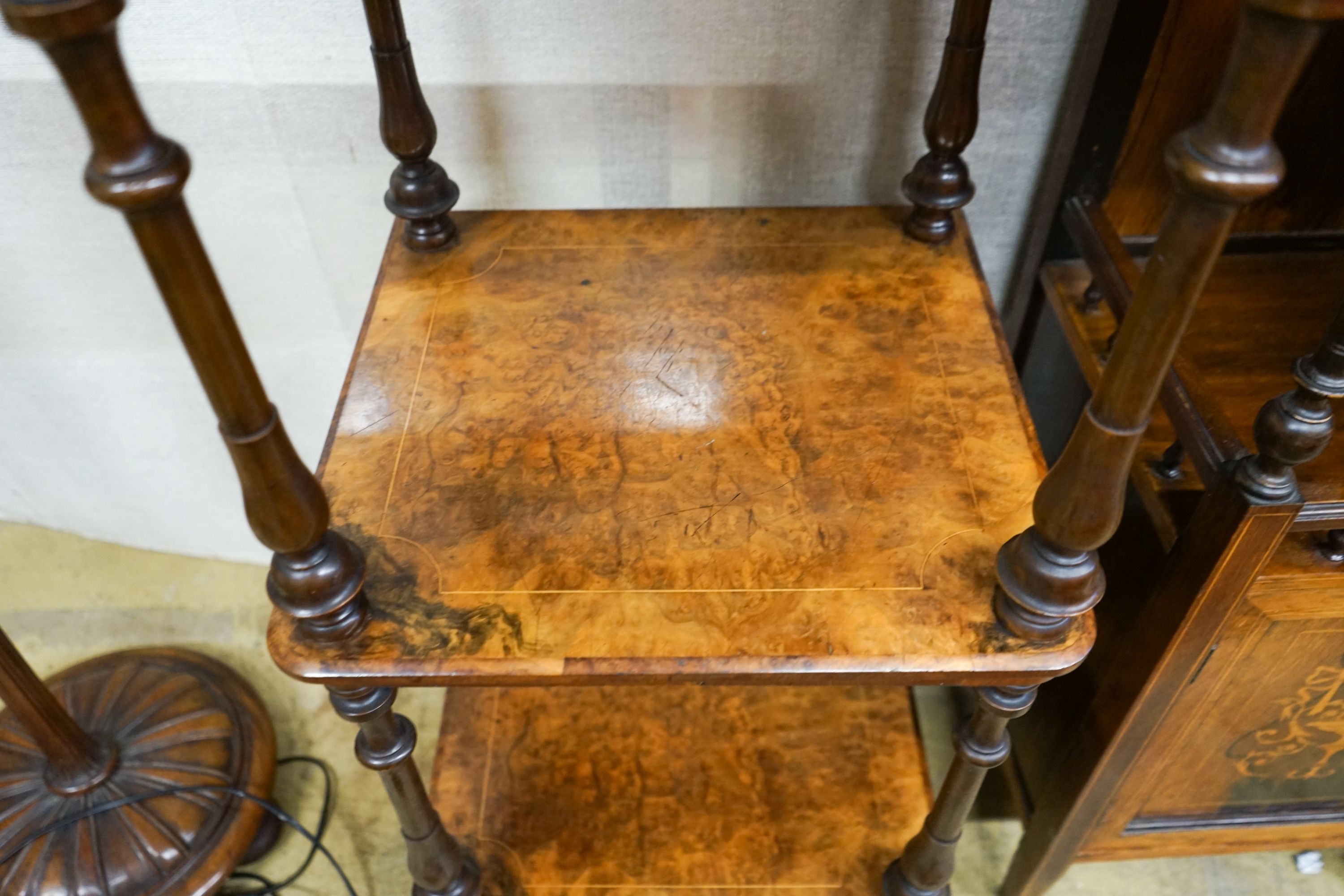 A Victorian burr walnut three tier whatnot, width 41cm, depth 38cm, height 98cm